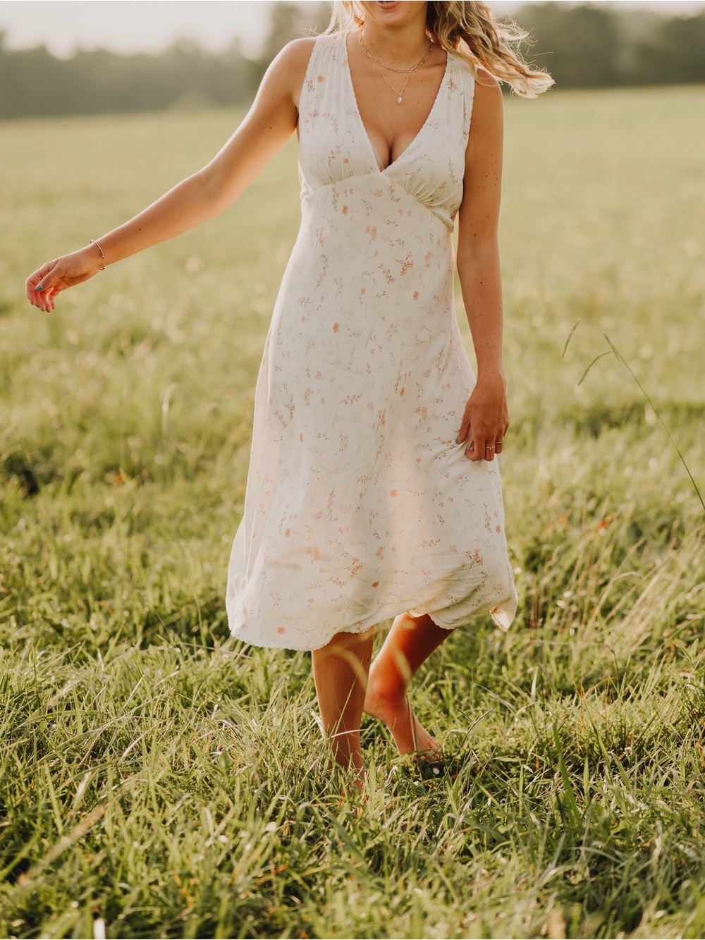 Aritzia Cream Floral Midi Dress with Peach Accents